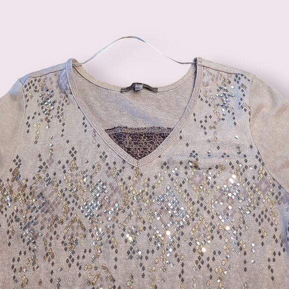 Y2K 2000s Glam Miss Me Beige Lace Back Sequin Beaded Top S Festival Going Out - Picture 3 of 9